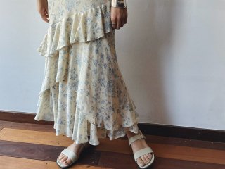 90s- Ecru Blue Floral Layered Design Skirt
