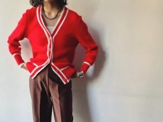 70s Red White Tilden Knit Cardigan