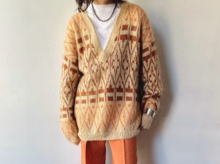 Beige Orange Geometric Pattern Mohair Knit Sweater