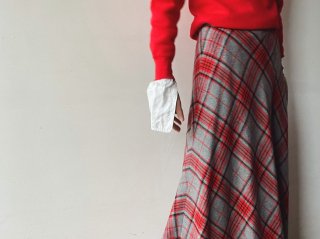 60s Gray Red Plaid Wool Maxi Skirt