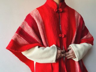 70s- Red Stripe Wool Poncho