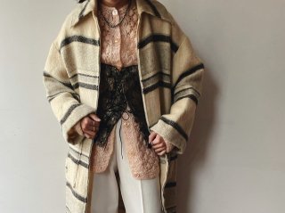 70s Ivory Stripe Front Zip Blanket Coat