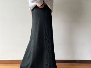 70s Black Knit Crochet Design Maxi Skirt