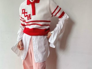 70s- White Red Lettered Polo Knit Top