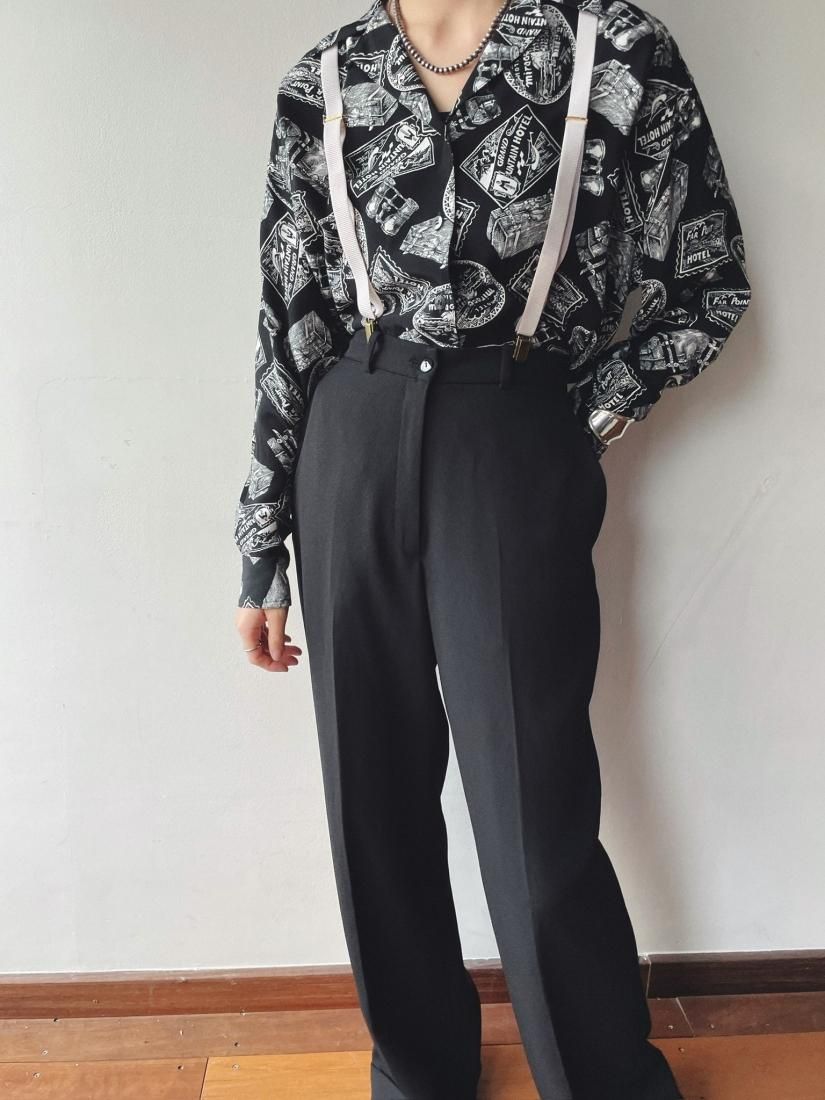 80s- Black White Pattern Rayon Shirt - Boudoir