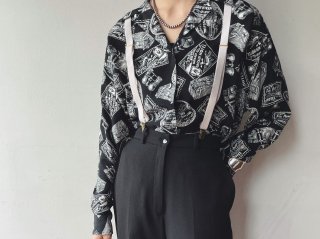 80s- Black White Pattern Rayon Shirt
