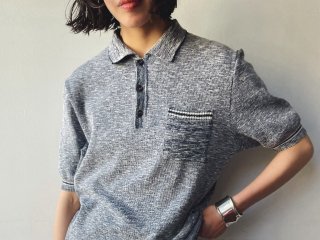 70s Navy Melange Knit Polo Top