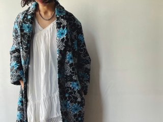 70s Navy Floral Quilted House Coat