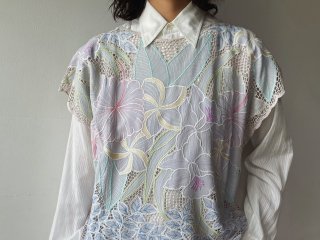 90s Ice Blue Floral Cutwork Top