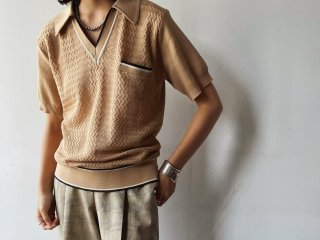 70s Beige Jersey V Neck Top