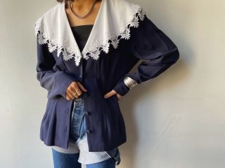 90s Navy White Lace Collar Light Jacket