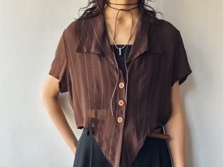 90s Brown Stripe Cropped Blouse