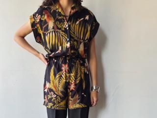 70s- Black Tropical Pattern Cotton Romper