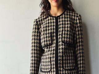90s- Beige Black Houndstooth Tweed Jacket
