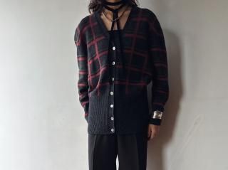 80s- Charcoal Red Plaid Knit Cardigan