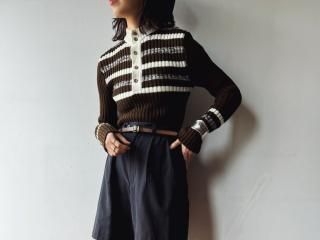 70s Brown White Rib Knit Top