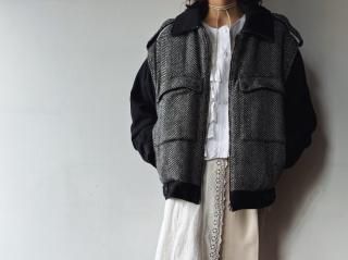 70s- Black Herringbone Tweed Bomber Jacket