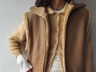 80s Beige Front Zip Knit Fur Lined Vest