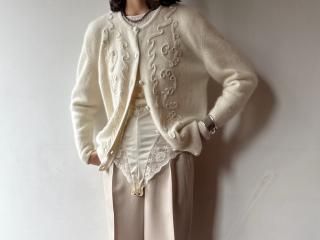 80s Ivory Cord Angora Knit Cardigan