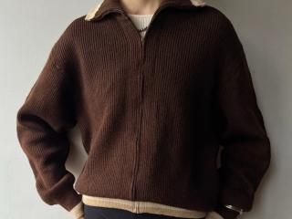 50s Brown Line Front Zip Knit Cardigan
