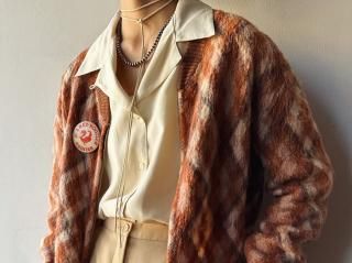 60s- Orange Plaid Front Zip Cardigan