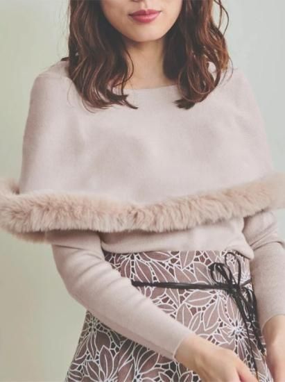 グレー ファー付きケープ ファー付きケープニット - Maniere sélect fasion