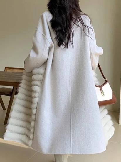 未使用に近い CARVEN PARIS リアルファー付ヘリンボーン織ロング