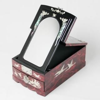 螺鈿模様の宝箱・百舌鳥柄とフラミンゴ柄の螺鈿作り。【内部、鏡付き 亀