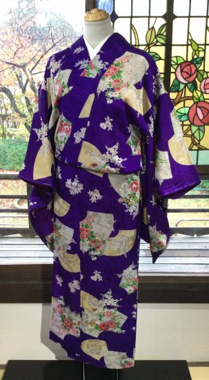 やゝK-206＊綺麗な紫に花舞うクラシック／アンティーク小紋着物 - yaya-kimono