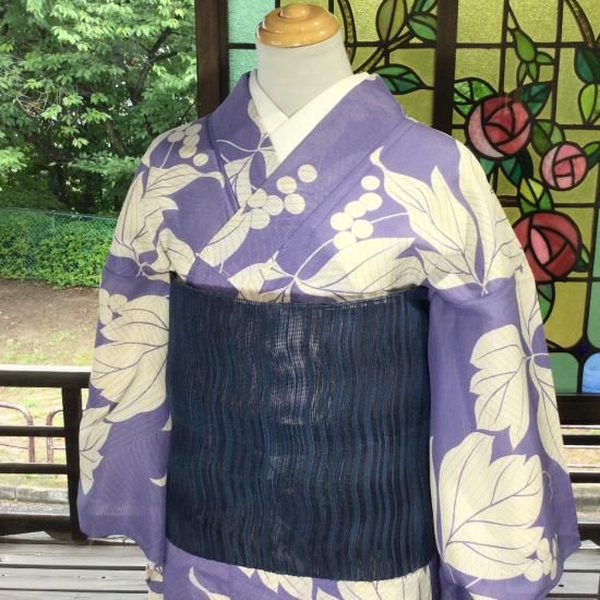 やゝK-701＊身丈短め・藤色に豊穣の実／夏・アンティーク着物 - yaya