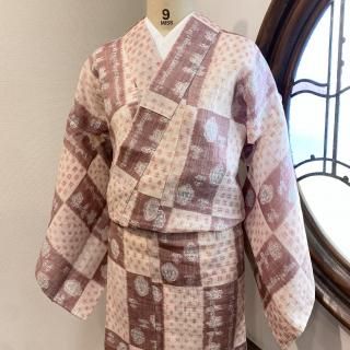 ※kemeページ：A-2255 ビンテージ夏着物 麻ちぢみ 波紋 葡萄色 夏着物 麻ちぢみ 波紋 夏の草花柄 葡萄色 ビンテージ着物 A-2255