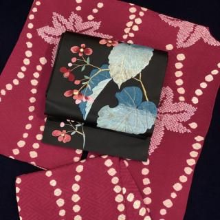 アンティーク・ヴィンテージ 青とピンクのチェック柄 単衣着物