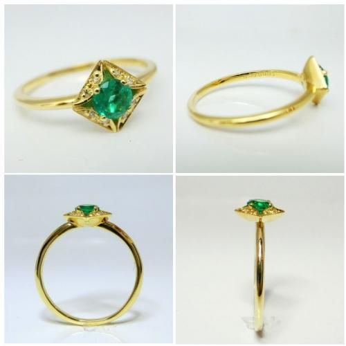 K18YG C-LINE エメラルドラウンドミックス ダイヤモンドリング EM 0.30