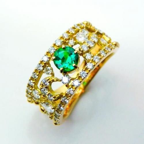 K18YG エメラルド H&Cダイヤモンドリング EM 0.41ct D 0.70ct 日独宝石
