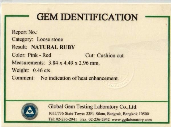 ミャンマー モゴク産非加熱ルビールース R 0.46ct AGGL GGTL鑑別書付 ミャンマー モゴク産非加熱ルビールース R 0.46ct AGGL GGTL鑑別書付