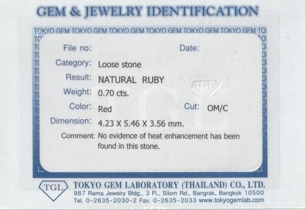 ミャンマー産非加熱ルビールース R 0.70ct TGL鑑別書付 ミャンマー産非加熱ルビールース R 0.70ct TGL鑑別書付