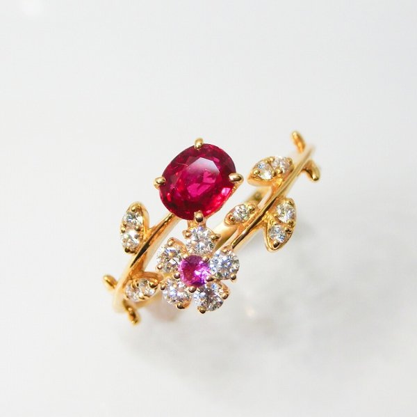 天然ルビー フラワー・モチーフ 天然ダイヤpt900ジュエリー3点セット