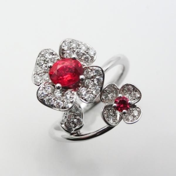 ルビー ダイヤモンド フラワーモチーフリング R 1.61ct D 0.10ct
