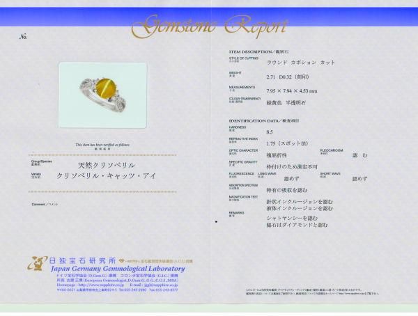 クリソベリルキャッツアイ ダイヤモンドリング CE 2.71ct D 0.32