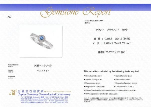 ベニトアイト ダイヤモンドリング BI 0.088ct D 0.16ct Pt950 日