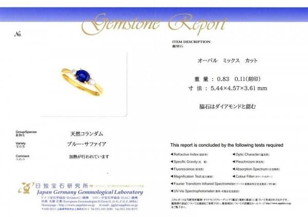 ブルーサファイア ダイヤモンドリング SA 0.83ct D 0.11ct K18YG 日独