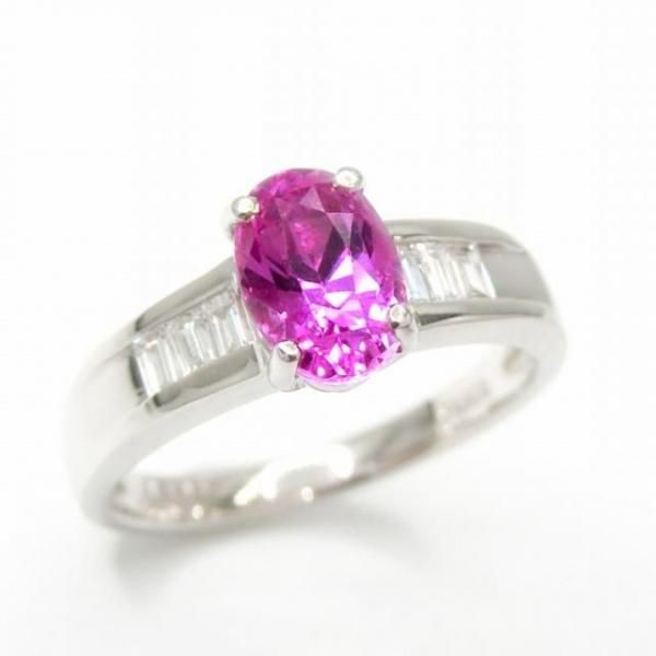 ピンクサファイア バゲットカットダイヤモンドリング PS 1.398ct D 0.16ct Pt900 日独宝石研究所鑑別書付