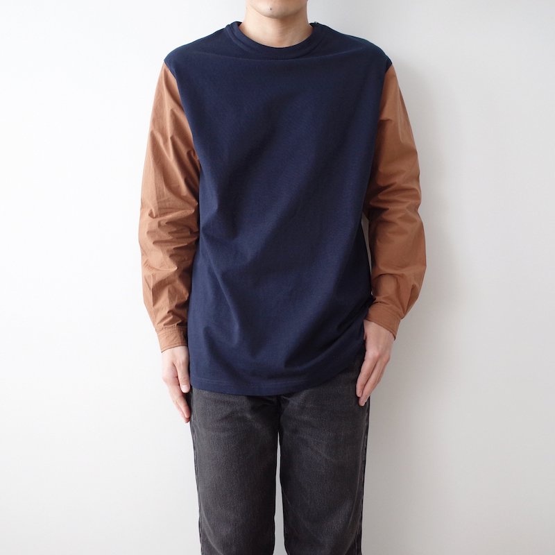 nisica 袖切り替えカットソー Navy × Brown