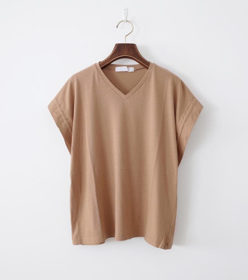 homspun ホームスパン 40/1フライス VネックギャザースリーブTシャツ ベージュ