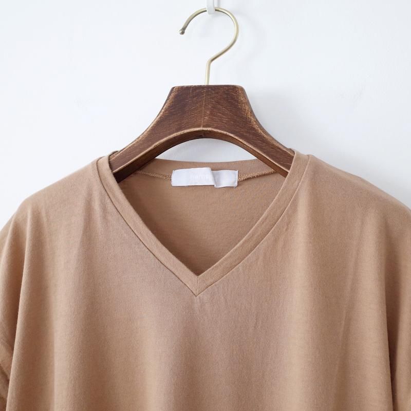 homspun ホームスパン 40/1フライス VネックギャザースリーブTシャツ ベージュ
