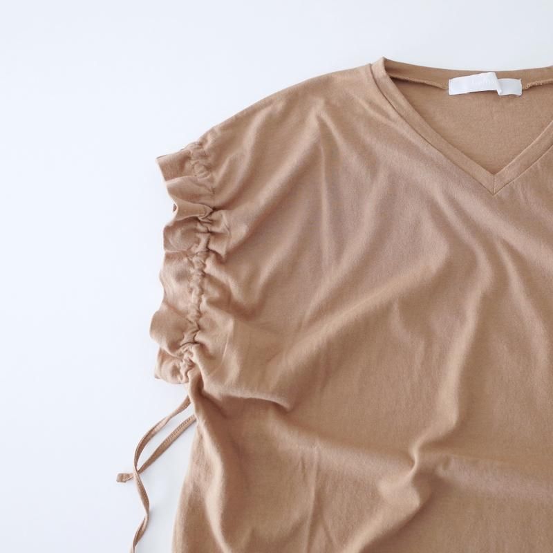 homspun ホームスパン 40/1フライス VネックギャザースリーブTシャツ ベージュ