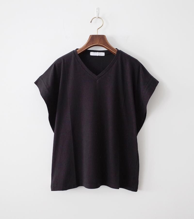 homspun ホームスパン 40/1フライス VネックギャザースリーブTシャツ ブラック