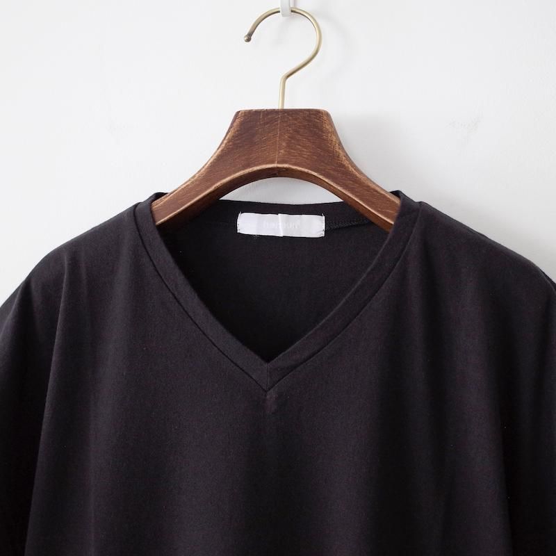 homspun ホームスパン 40/1フライス VネックギャザースリーブTシャツ ブラック