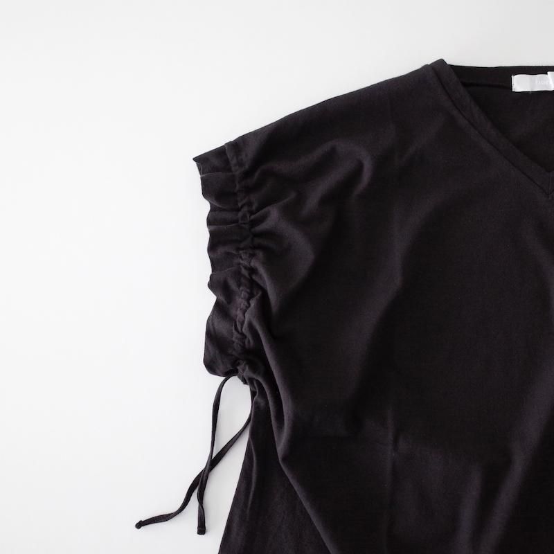 homspun ホームスパン 40/1フライス VネックギャザースリーブTシャツ ブラック