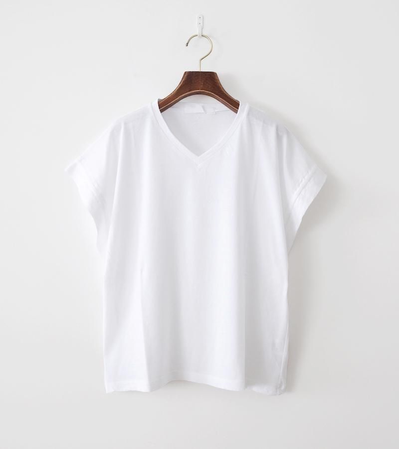 homspun ホームスパン 40/1フライス VネックギャザースリーブTシャツ サラシ
